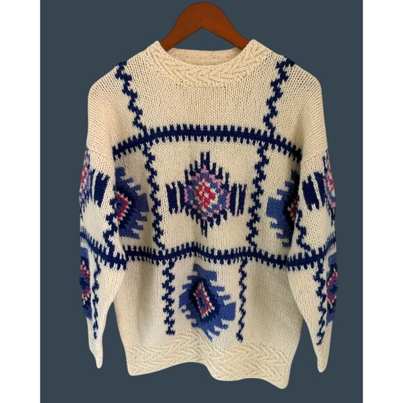 Hand-Knitted Shetland Wool Sweater By Susann D M Cream Blue Pink Aztec Tribal - - Picture 1 of 9